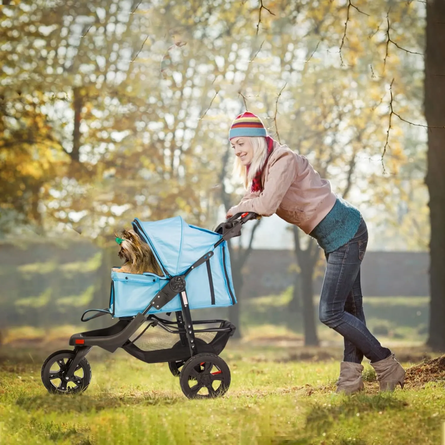 3 Wheels Pet Stroller for Dogs & Cats - Foldable Jogger with Storage Basket & Waterproof Puppy Carrier, Blue