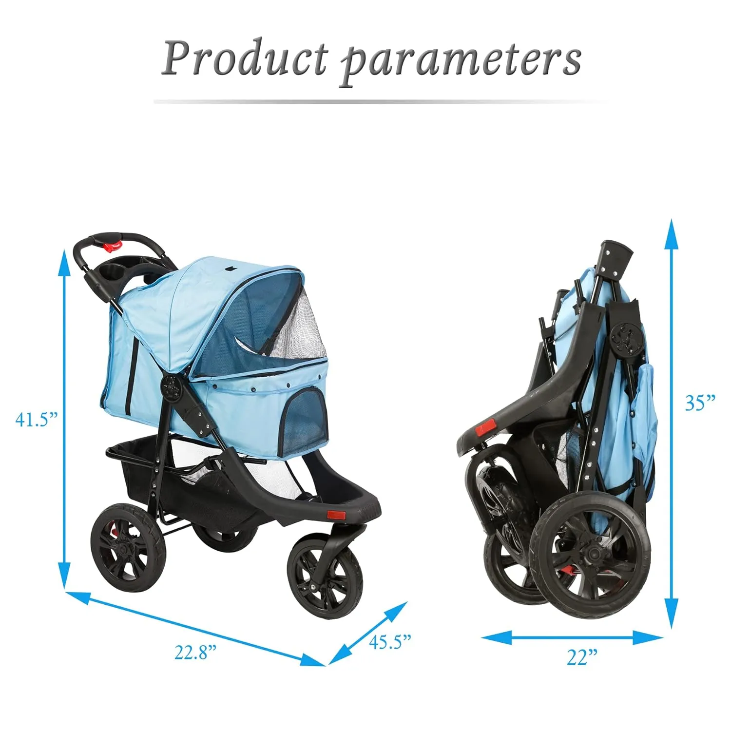 3 Wheels Pet Stroller for Dogs & Cats - Foldable Jogger with Storage Basket & Waterproof Puppy Carrier, Blue
