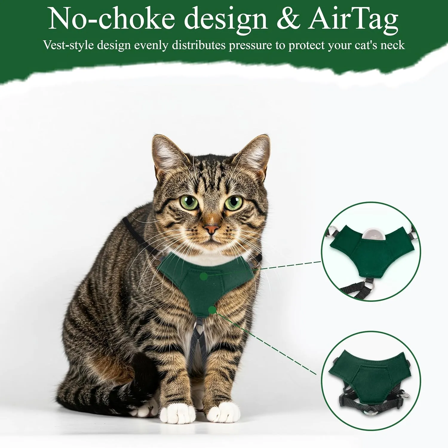 A1HC Escape Proof Cat Harness and Leash - Soft Adjustable Vest, Comfortable Mesh and Long Strips with Air Tag Pocket, Easy Control, Safe Walking Harness for Cats & Kittens - Dark Green (Medium)