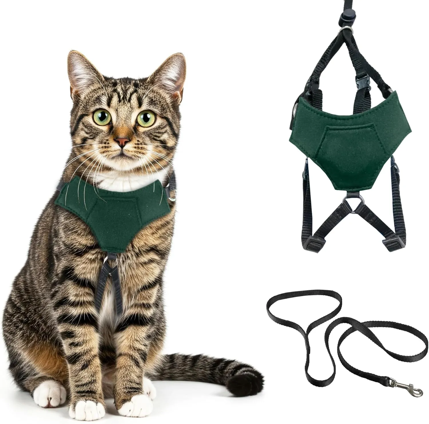 A1HC Escape Proof Cat Harness and Leash - Soft Adjustable Vest, Comfortable Mesh and Long Strips with Air Tag Pocket, Easy Control, Safe Walking Harness for Cats & Kittens - Dark Green (Medium)
