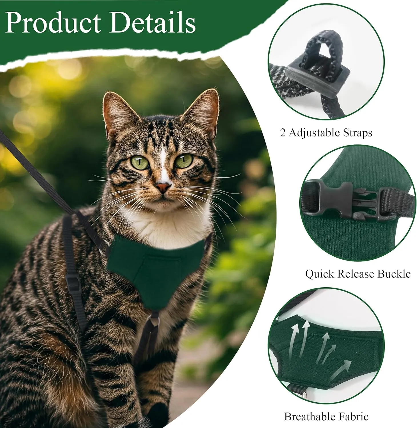 A1HC Escape Proof Cat Harness and Leash - Soft Adjustable Vest, Comfortable Mesh and Long Strips with Air Tag Pocket, Easy Control, Safe Walking Harness for Cats & Kittens - Dark Green (Medium)
