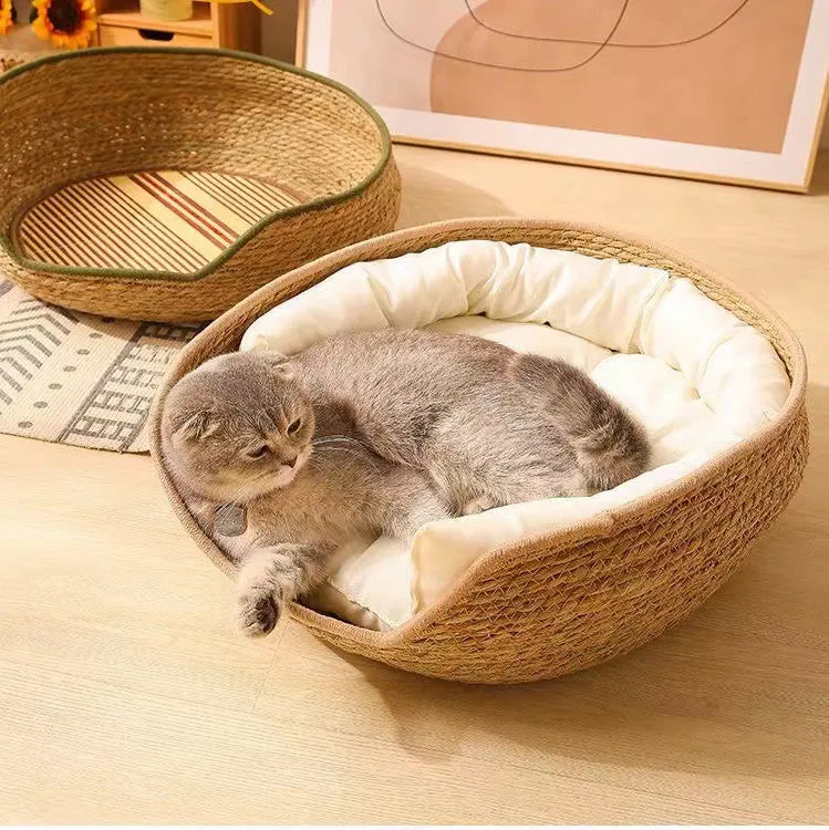 All-season cat scratching board with straw-woven pet bed
