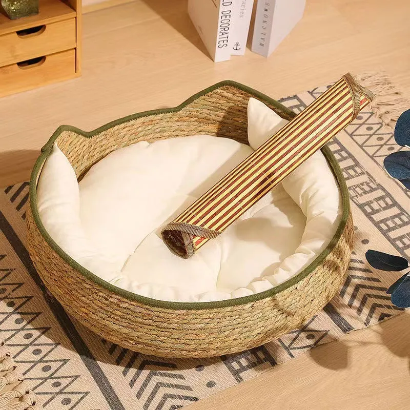 All-season cat scratching board with straw-woven pet bed