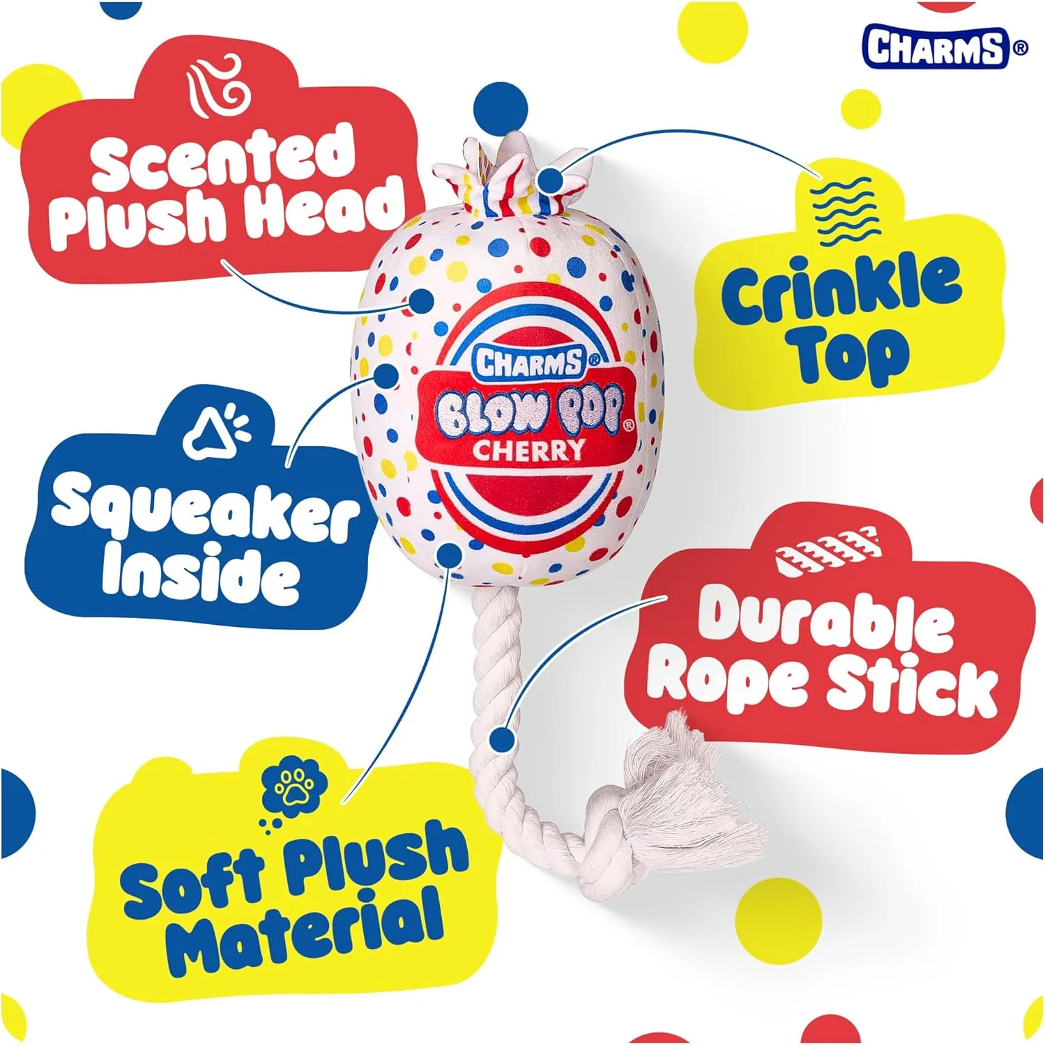 Blow Pop Plush & Rope Dog Toy  Scented Squeaky Plush with Durable Rope Stick  Tug, Fetch & Chew Toy for Dogs  Available in Jumbo & Medium Sizes  Apple, Cherry, Grape & Watermelon