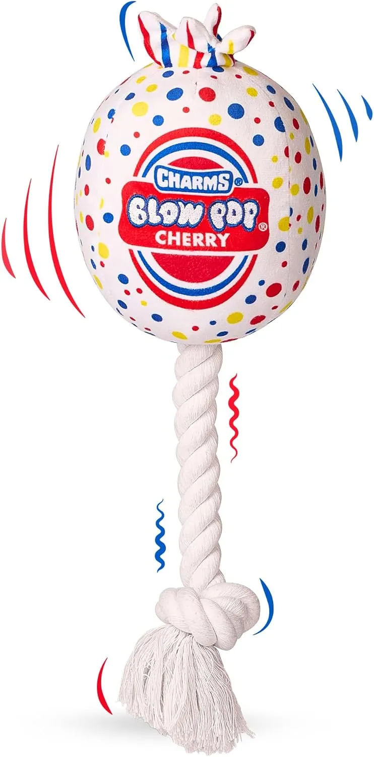 Blow Pop Plush & Rope Dog Toy  Scented Squeaky Plush with Durable Rope Stick  Tug, Fetch & Chew Toy for Dogs  Available in Jumbo & Medium Sizes  Apple, Cherry, Grape & Watermelon