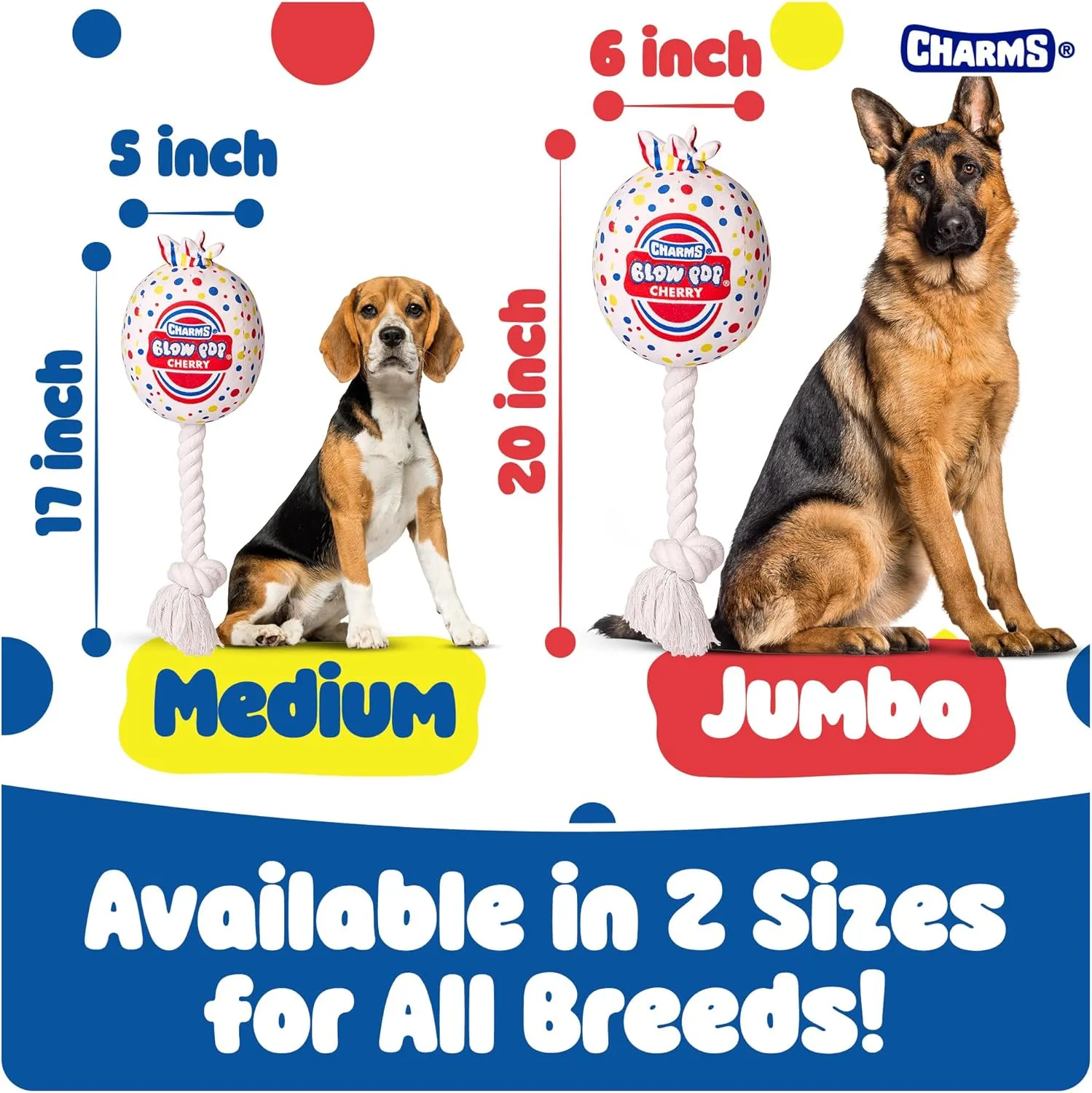 Blow Pop Plush & Rope Dog Toy  Scented Squeaky Plush with Durable Rope Stick  Tug, Fetch & Chew Toy for Dogs  Available in Jumbo & Medium Sizes  Apple, Cherry, Grape & Watermelon