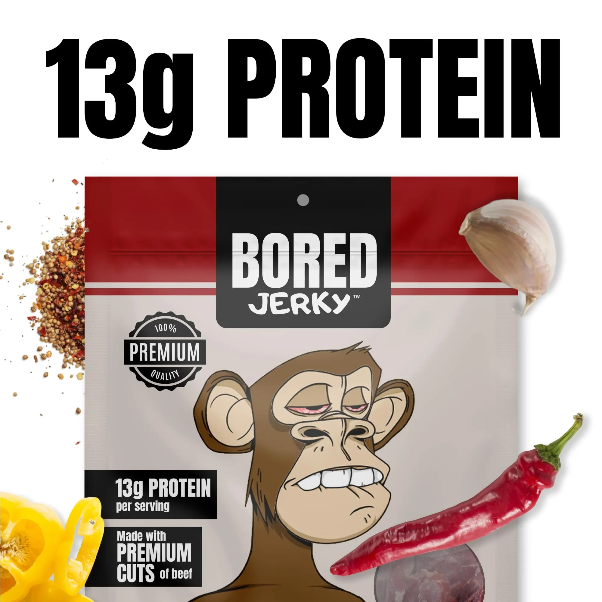 Bored Jerky Spicy Beef Jerky, 13g Protein per Serving, High Protein Snacks Made with Soy Sauce, Hickory Smoke, Jalapeno & Habanero, Made in the USA, 4 Pack, 3 Oz Resealable Bag