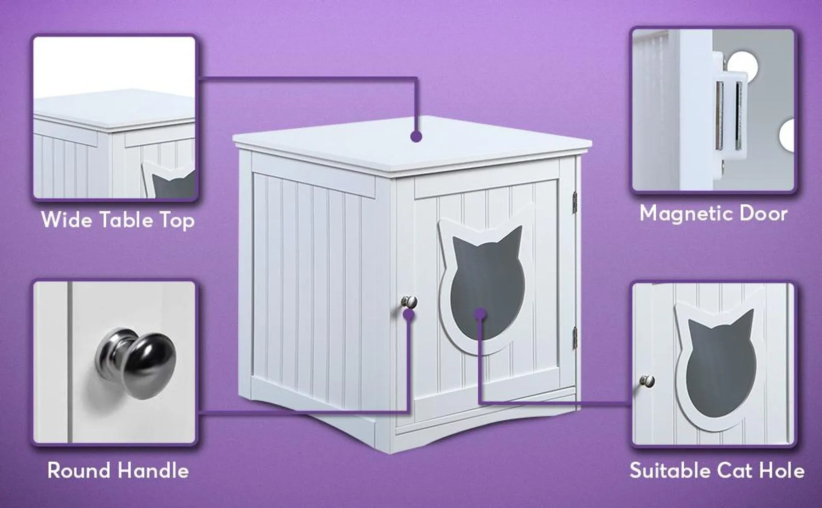 Cat House Side Table, Nightstand Pet House, Litter Box Enclosure, White
