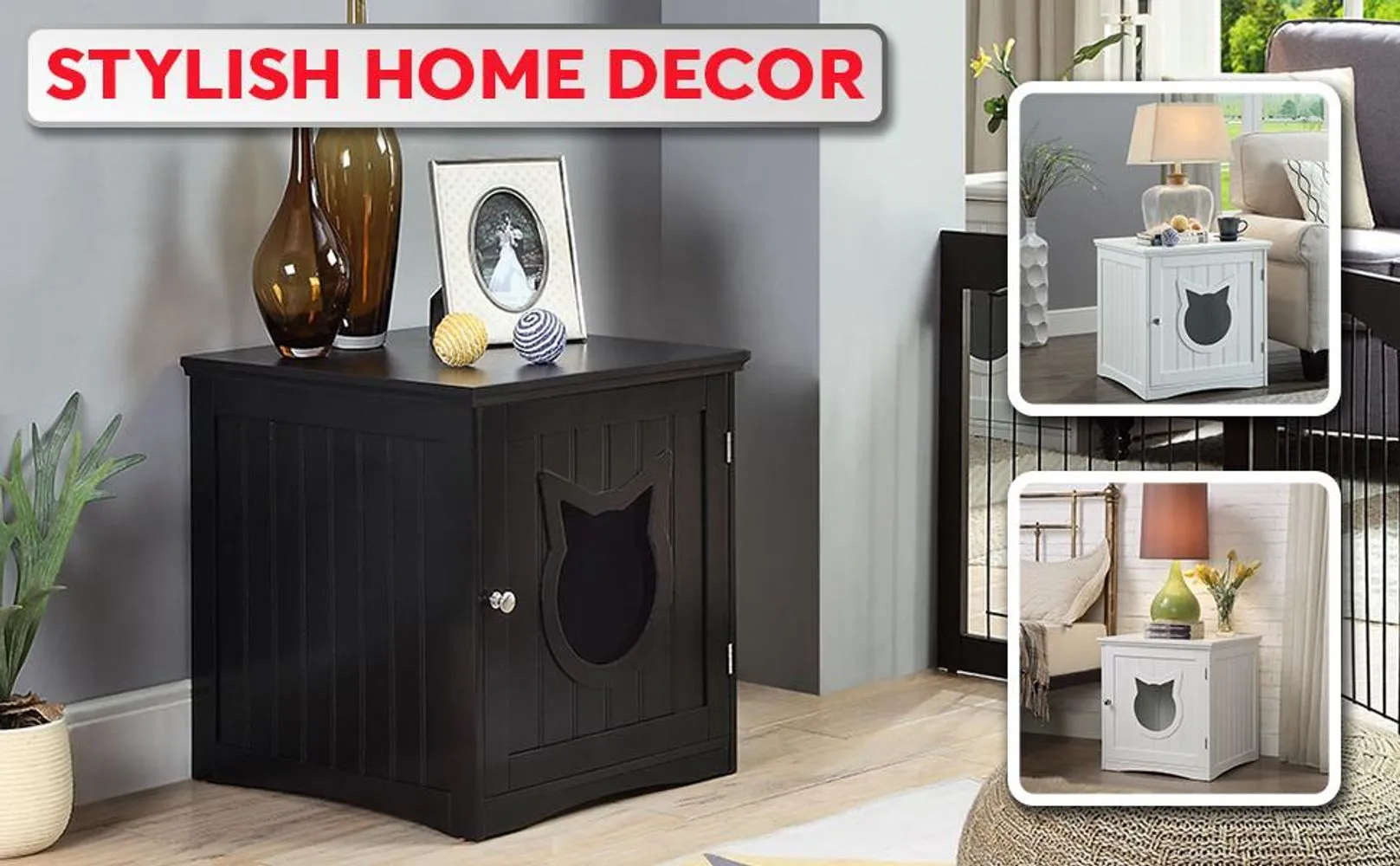 Cat House Side Table, Nightstand Pet House, Litter Box Enclosure, White