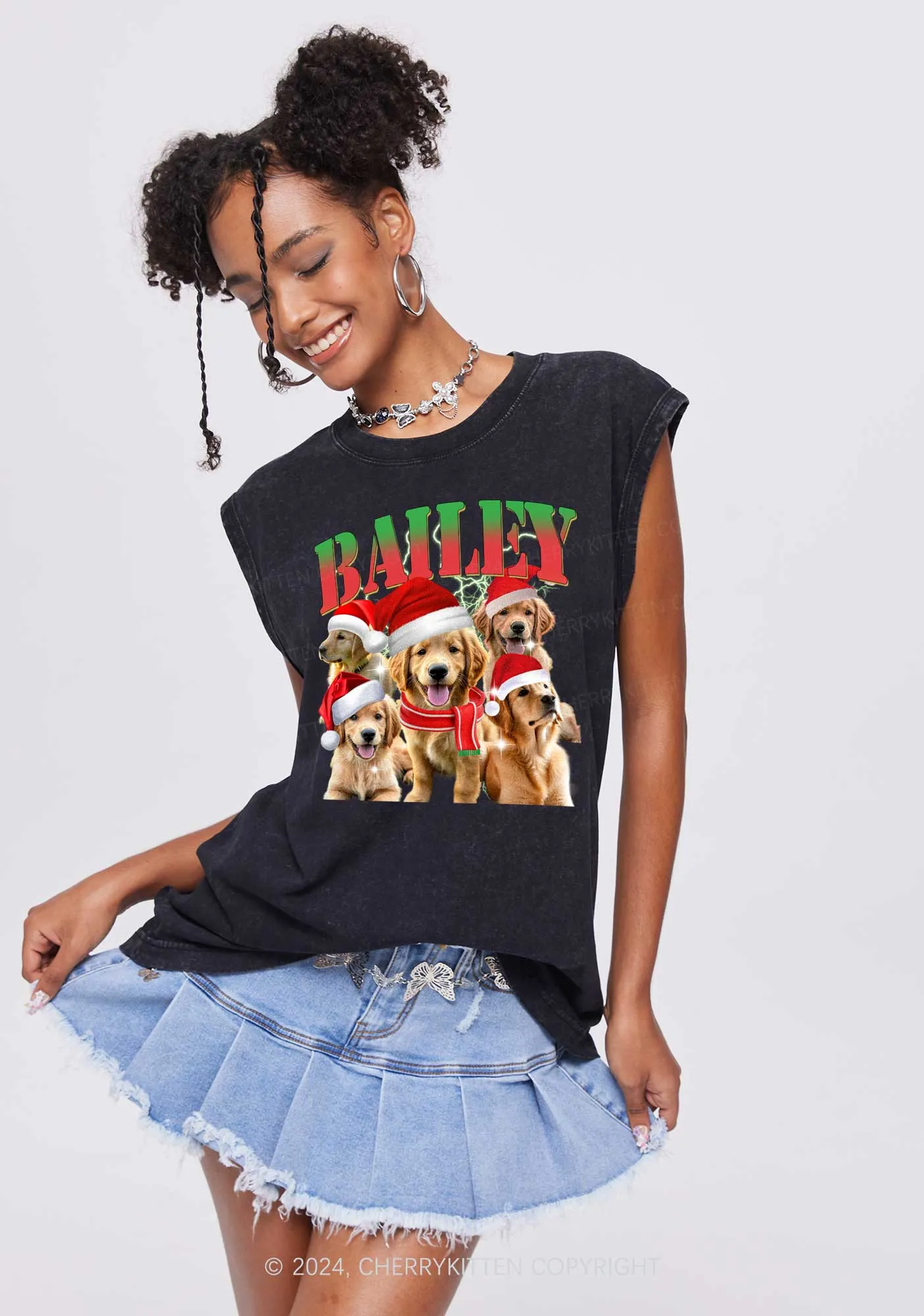 Christmas Custom Pet Photo Y2K Washed Tank Cherrykitten