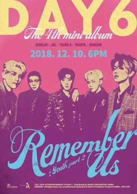 DAY6 [REMEMBER US : YOUTH PART 2] 4th Mini Album RANDOM CD 80p Photo Book 1p Clear Card Decoration Sticker 2p Photo Card 1p Post Card Tracking Number K-POP SEALED