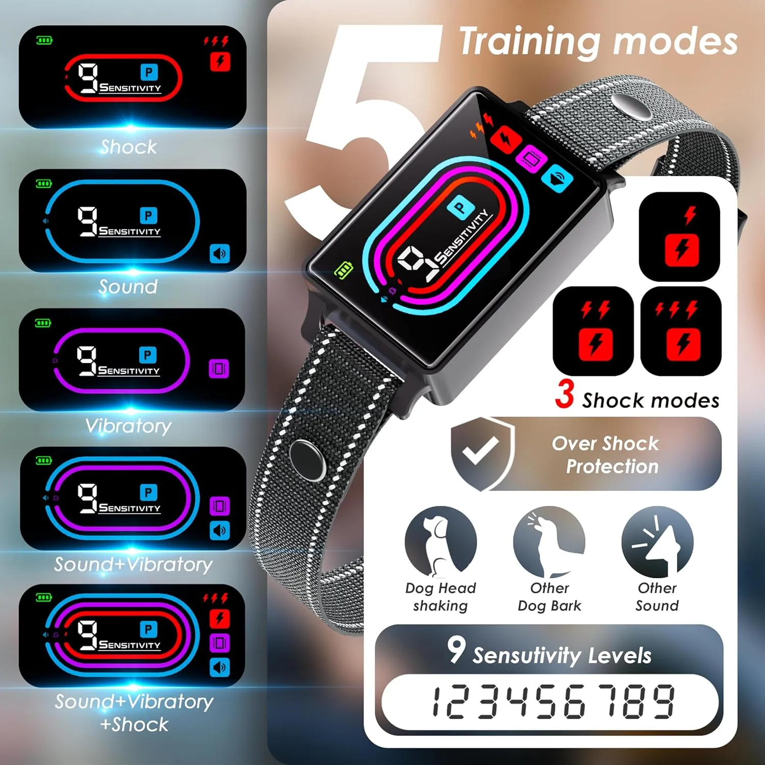 Dog Bark Collar 3 Pack, 2025 Smart Bark Collars for Dogs Large Medium Small 5-130 lbs, Bark Collar 9 Adjustable Sensitivity 5 Training Modes, Anti-Bark Training Collar Beeping Vibrator