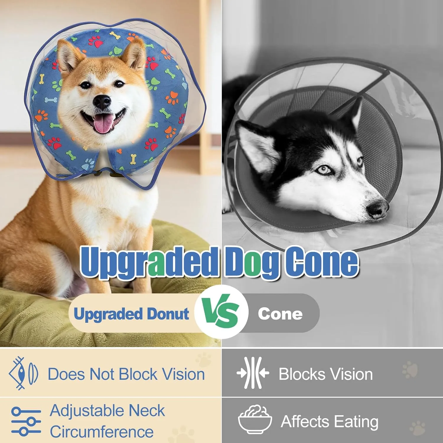 Dog Cone, Inflatable Dog Cone for Small, Medium, and Large Dogs, Soft Cone for Dogs After Surgery with Adjustable Buckle, Adjustable Soft Recovery Collar with Detachable Cove