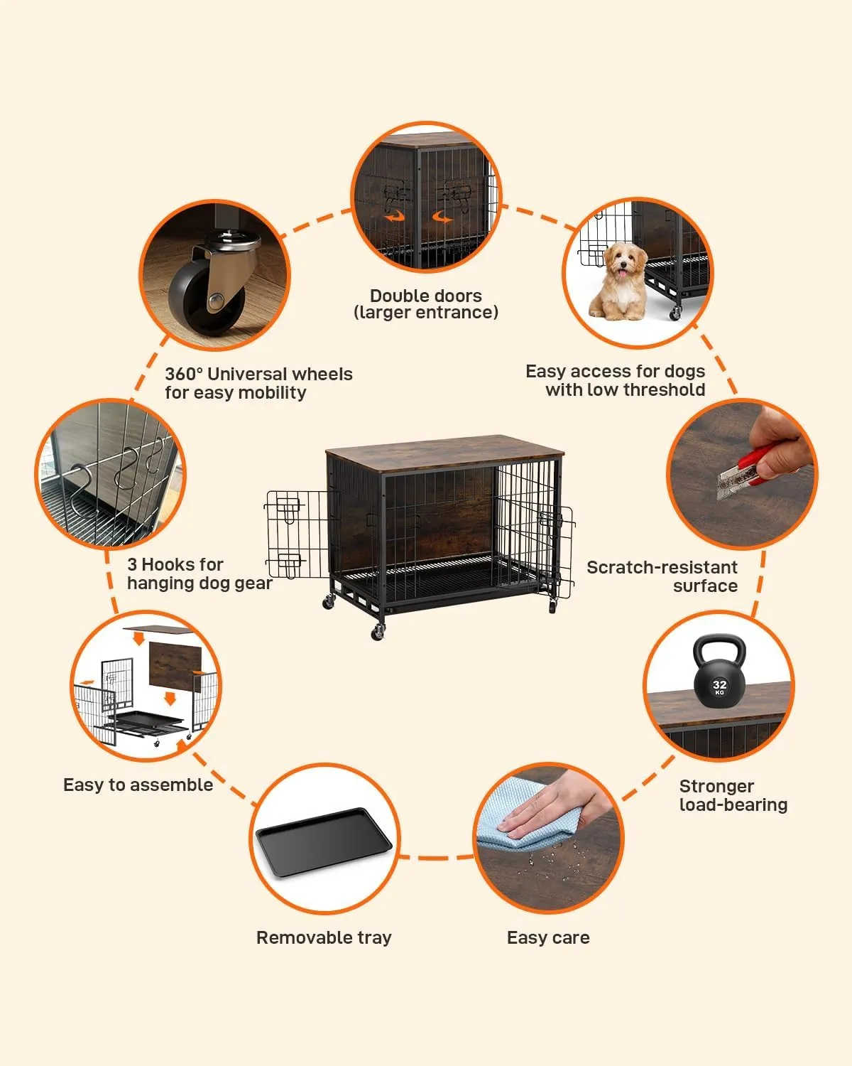 Dog Crate Furniture, 27" Dog Kennel End Table, Wooden Dog Cage with Wheels & Double Doors, Dog Crate Indoor Dog House for Large Medium Dogs, Rustic Brown