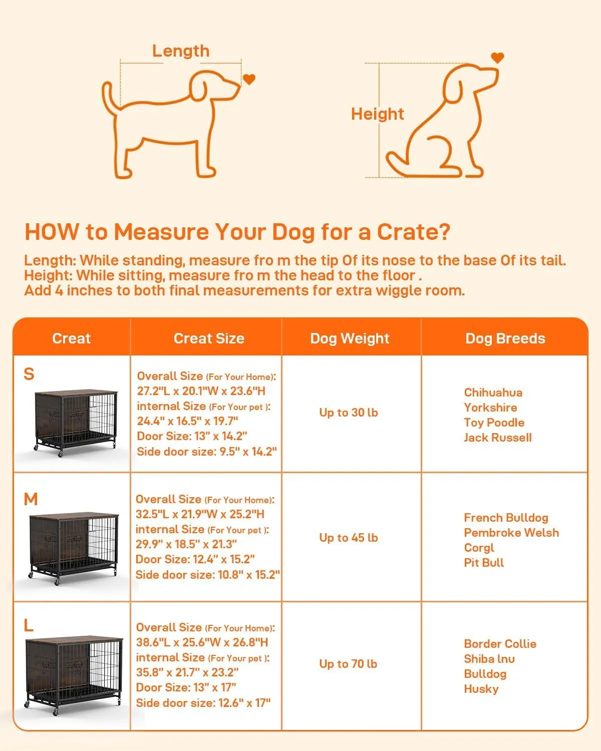 Dog Crate Furniture, 27" Dog Kennel End Table, Wooden Dog Cage with Wheels & Double Doors, Dog Crate Indoor Dog House for Large Medium Dogs, Rustic Brown