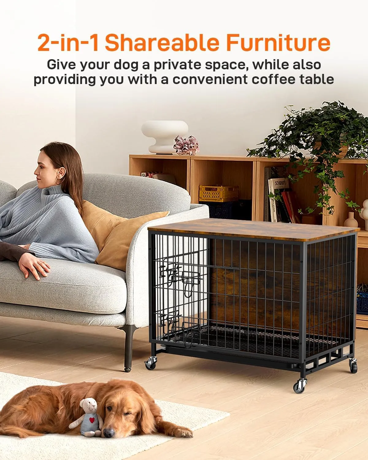 Dog Crate Furniture, 27" Dog Kennel End Table, Wooden Dog Cage with Wheels & Double Doors, Dog Crate Indoor Dog House for Large Medium Dogs, Rustic Brown