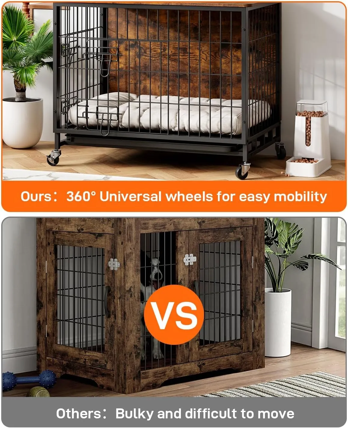 Dog Crate Furniture, 27" Dog Kennel End Table, Wooden Dog Cage with Wheels & Double Doors, Dog Crate Indoor Dog House for Large Medium Dogs, Rustic Brown