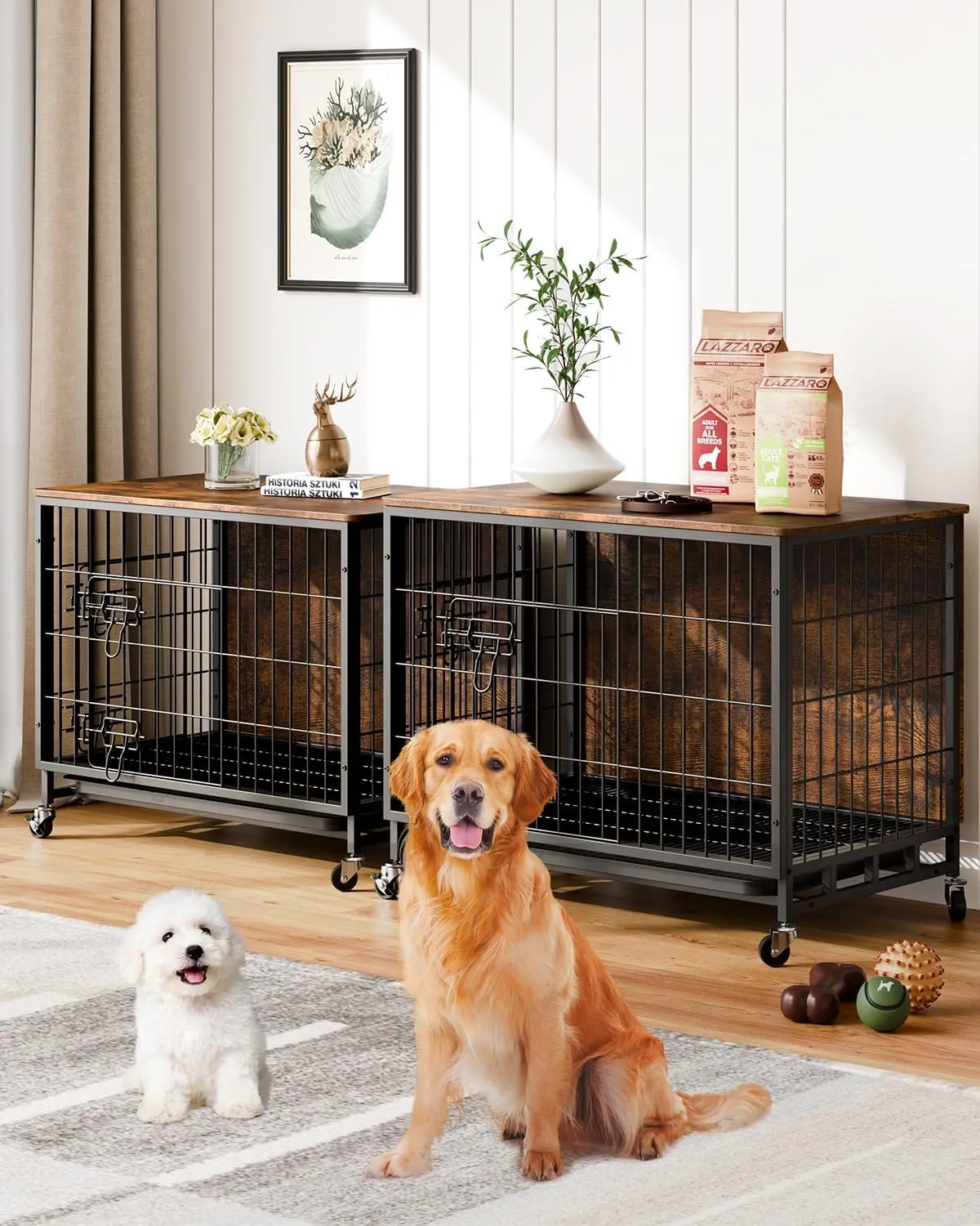 Dog Crate Furniture, 27" Dog Kennel End Table, Wooden Dog Cage with Wheels & Double Doors, Dog Crate Indoor Dog House for Large Medium Dogs, Rustic Brown