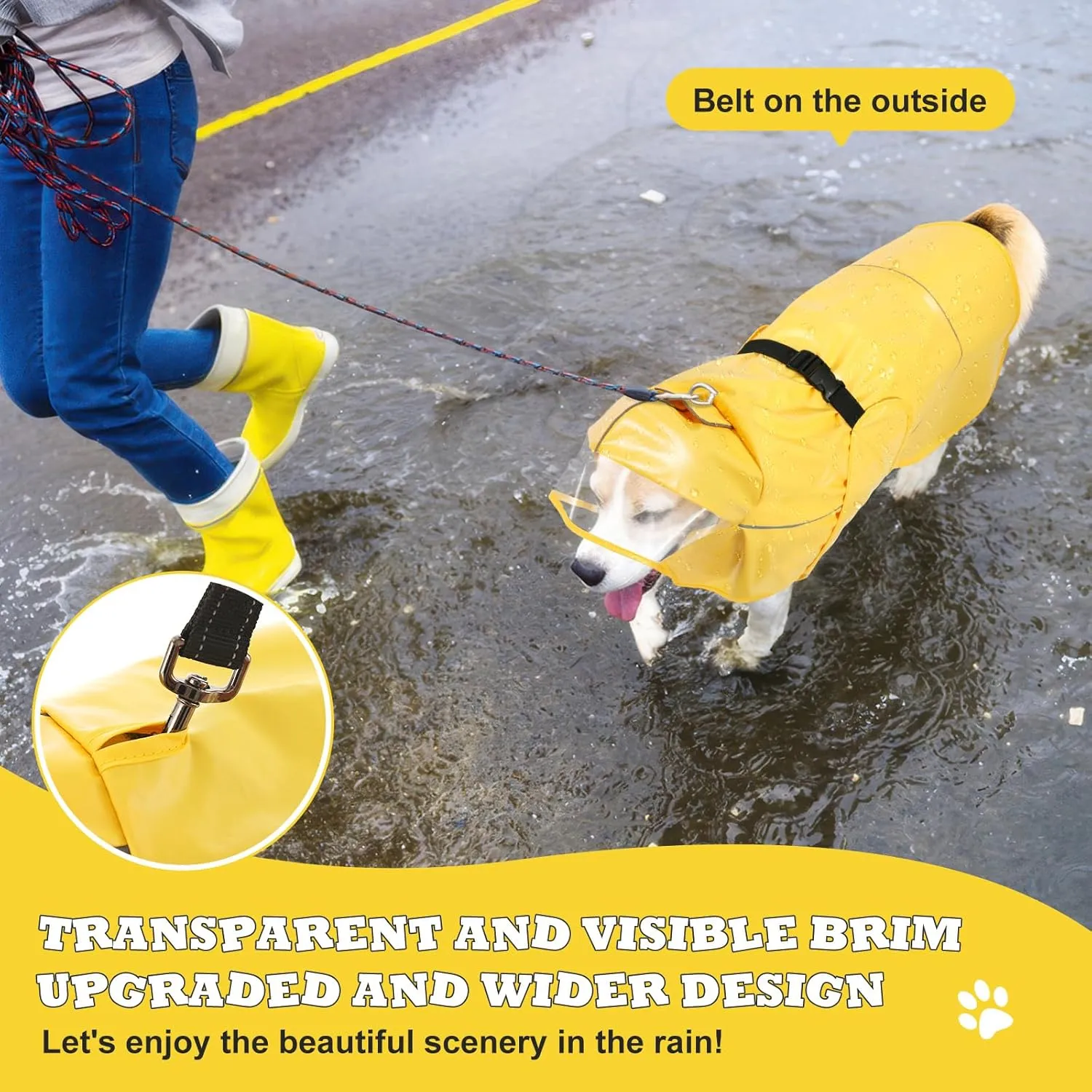 Dog Raincoat for Large Medium Small Dogs, Adjustable Dog Rain Jacket with Clear Hood, Dog Poncho with Magic Tape and Reflective Strips, Yellow, 3XL