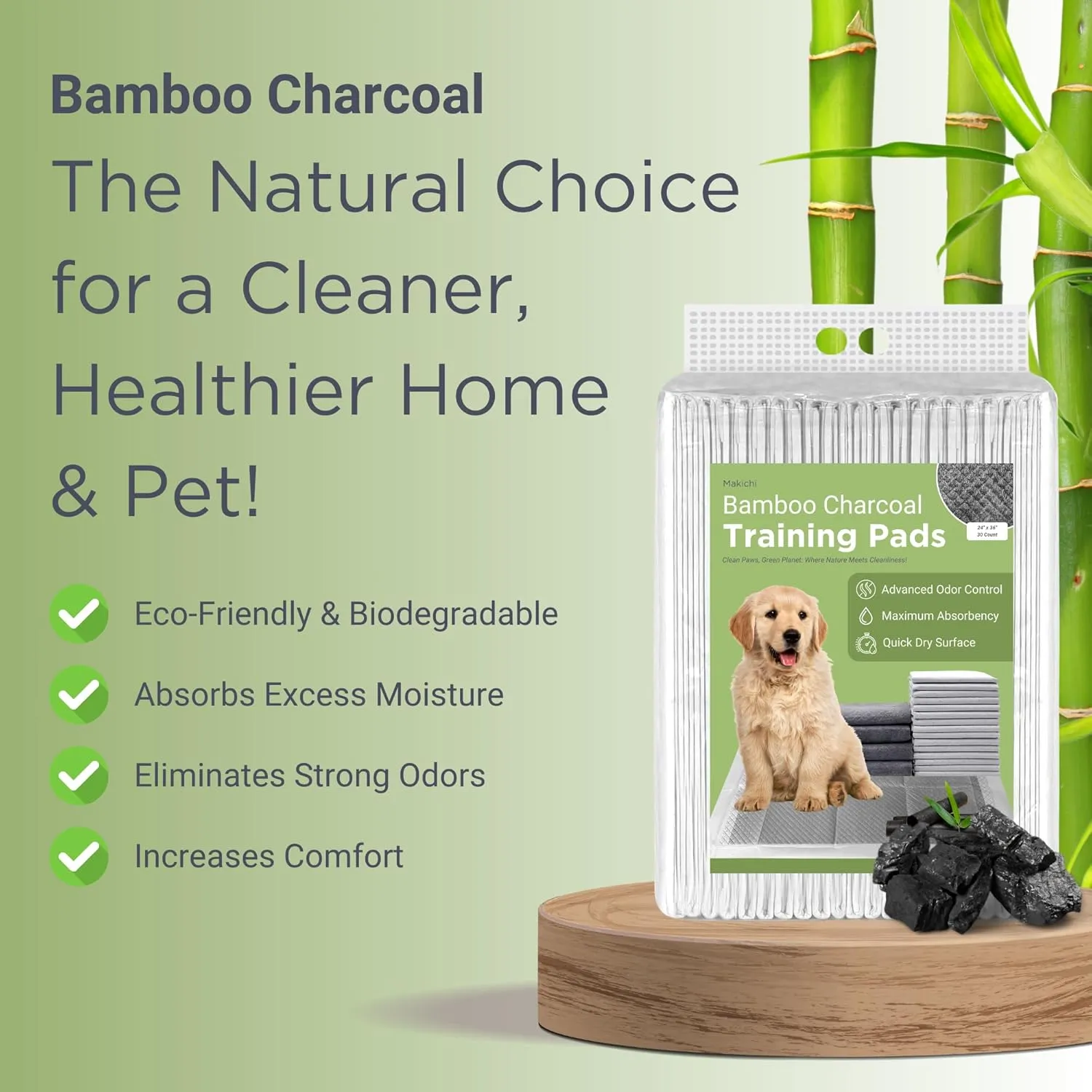 Eco-Friendly Bamboo Black Charcoal Disposable Pet Pee Pads for Dogs & Puppies | Training Pads for Dogs, Puppy Pads, Wee Wee Pads, Potty Pads | Large & Extra Large (24" x 36" (30 Count))