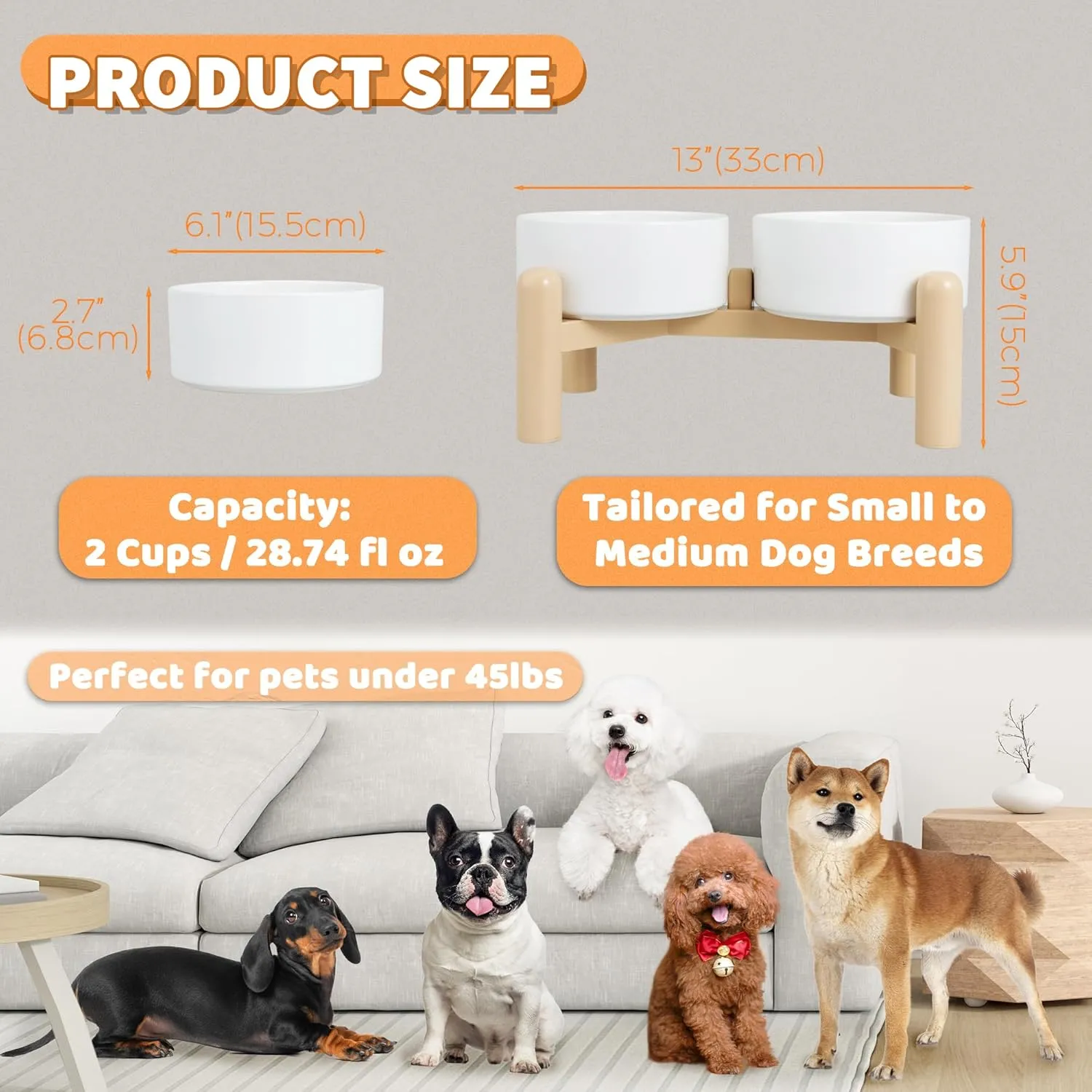 Elevated Ceramic Dog Bowl Set of 2 - Double Dishes with Non-Slip Stand - Raised Food and Water Bowls - Ideal for Small to Medium Dogs - Each Holds 2 Cups (28.75 fl oz) - White