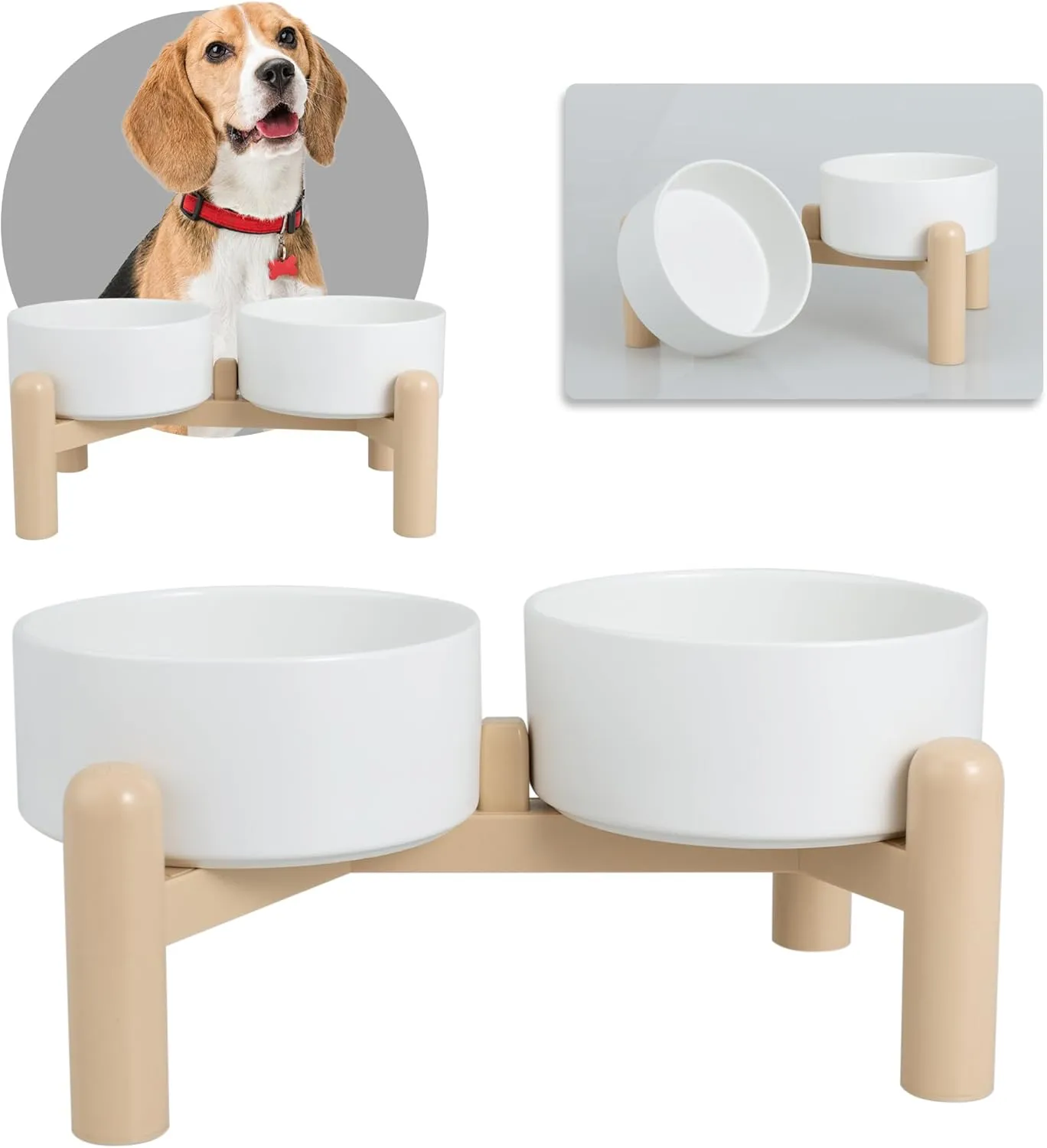Elevated Ceramic Dog Bowl Set of 2 - Double Dishes with Non-Slip Stand - Raised Food and Water Bowls - Ideal for Small to Medium Dogs - Each Holds 2 Cups (28.75 fl oz) - White