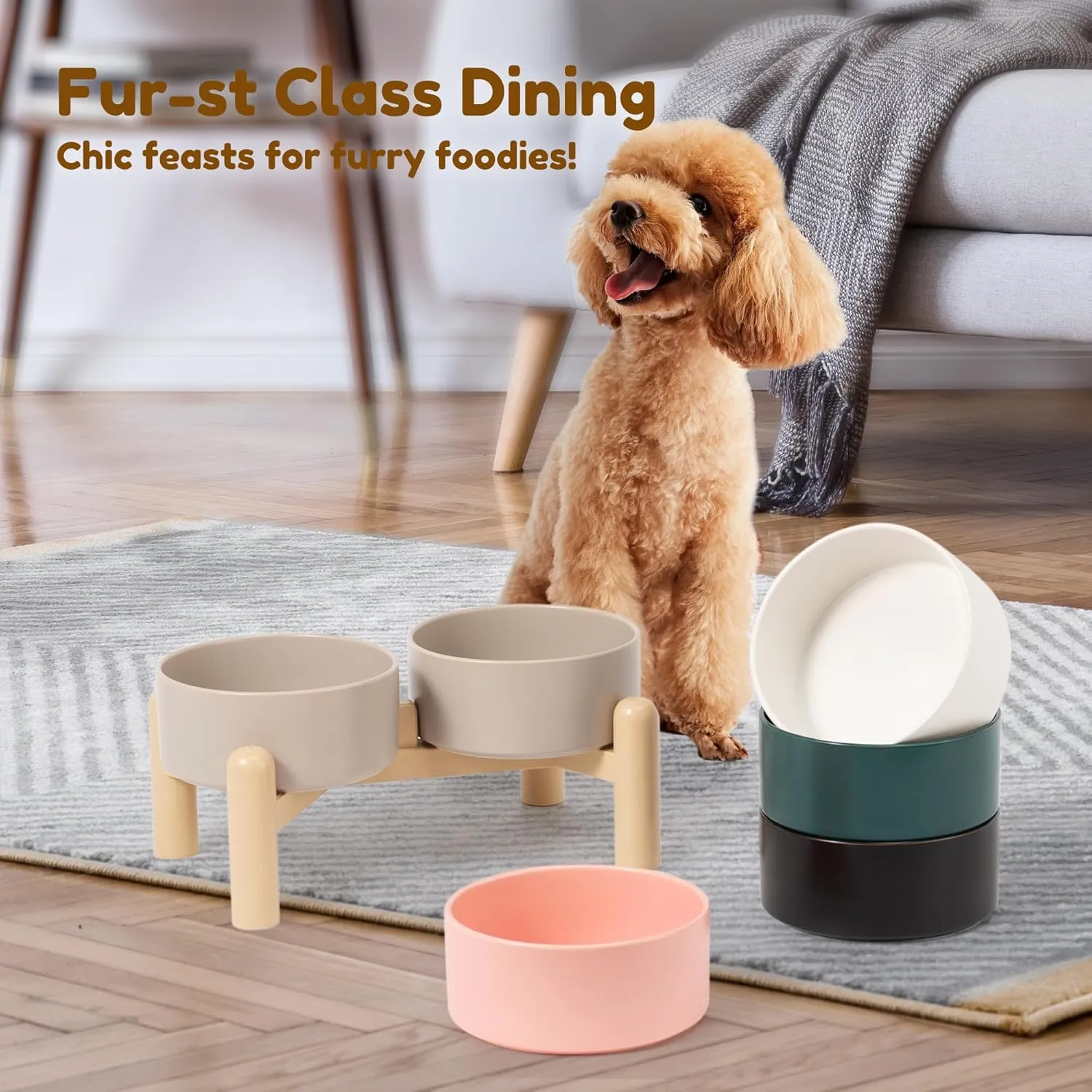 Elevated Ceramic Dog Bowl Set of 2 - Double Dishes with Non-Slip Stand - Raised Food and Water Bowls - Ideal for Small to Medium Dogs - Each Holds 2 Cups (28.75 fl oz) - White