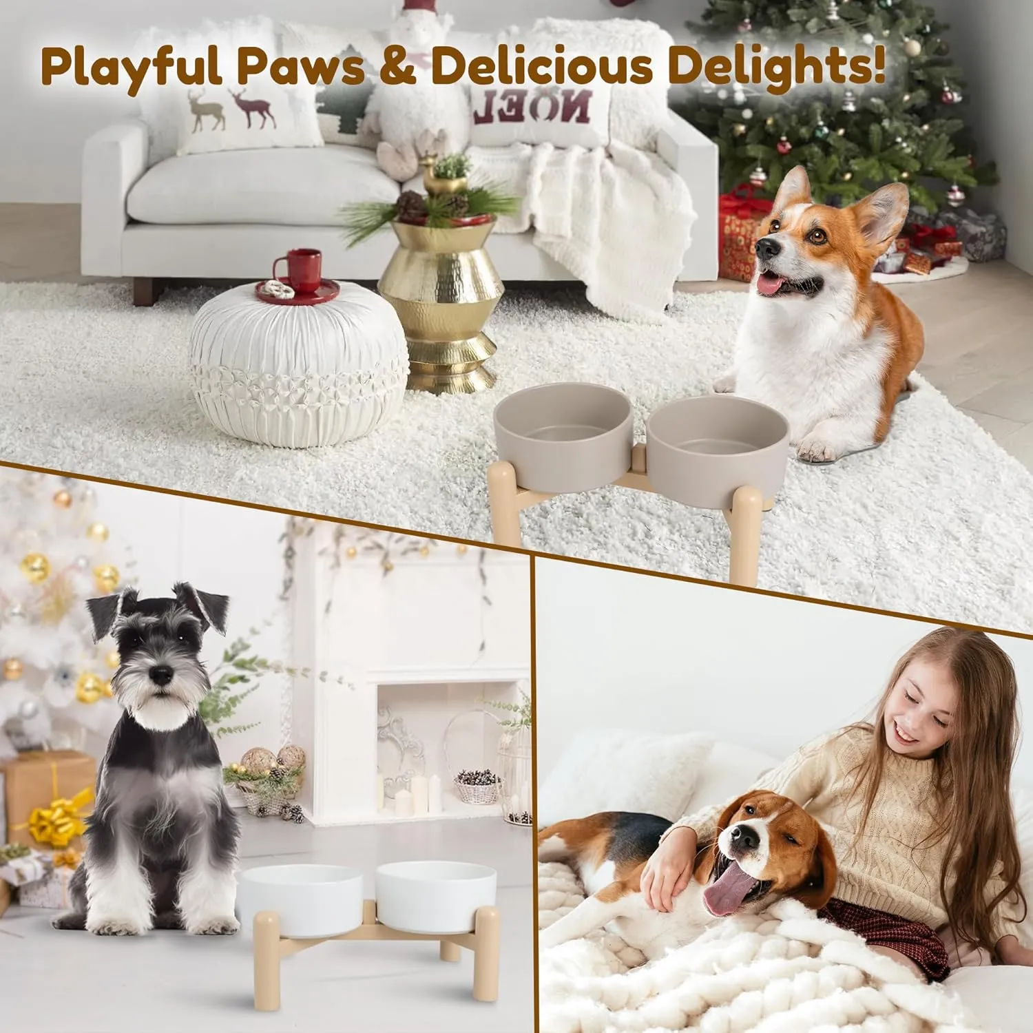 Elevated Ceramic Dog Bowl Set of 2 - Double Dishes with Non-Slip Stand - Raised Food and Water Bowls - Ideal for Small to Medium Dogs - Each Holds 2 Cups (28.75 fl oz) - White