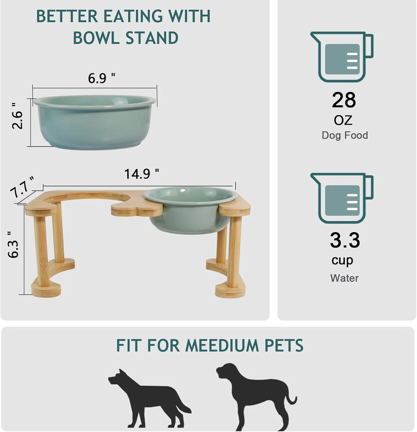 Elevated Ceramic Dog Bowls, Raised Dog Bowl with Anti-Slip Stand, Pet Feeding Dishes for Medium Sized Dogs, Modern Pet Feeder Bowl, Dog Food & Water Bowl Set (6.3" Tall-28oz-Light Green)