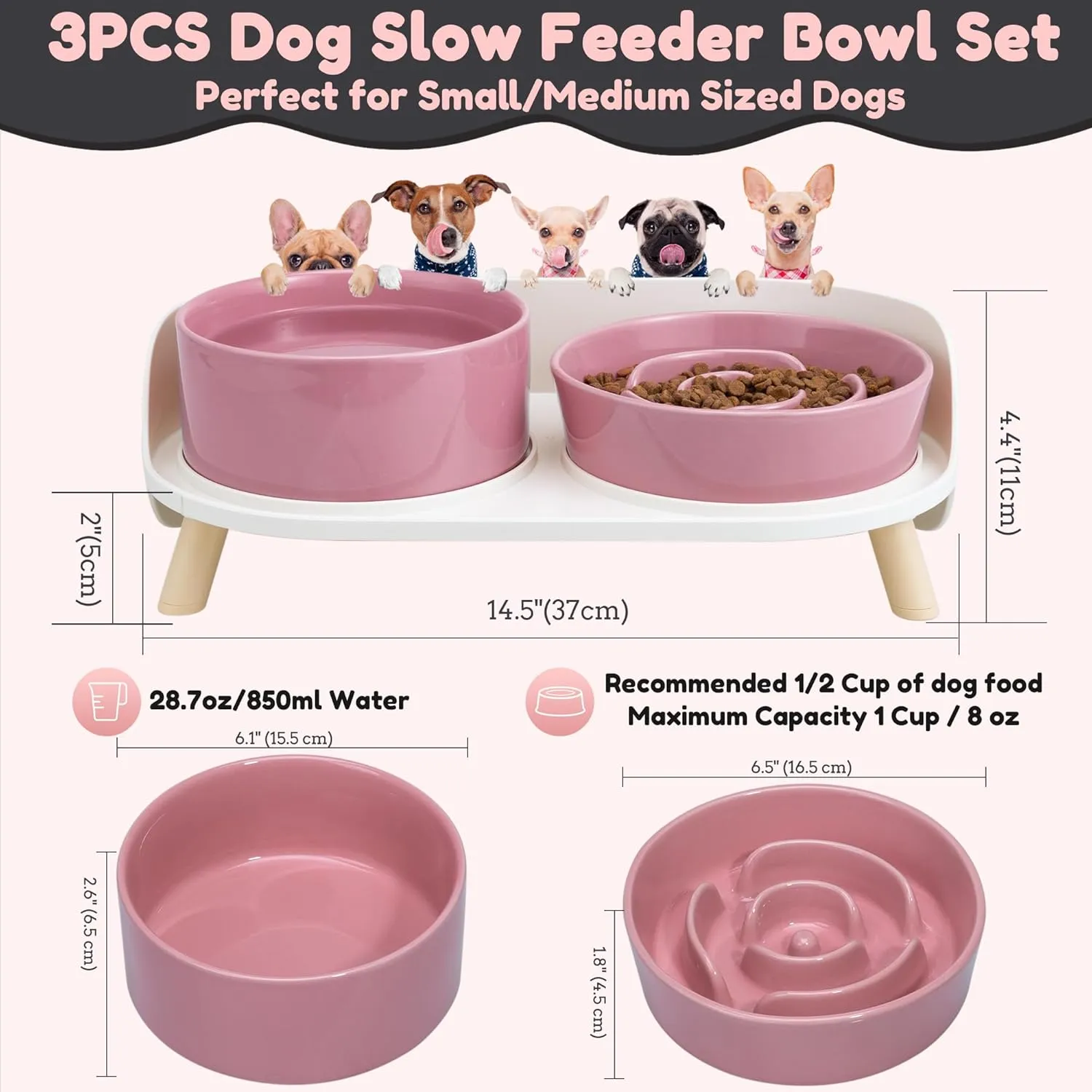Elevated Slow Feeder Dog Bowls - Ceramic Food and Water Bowl Set with Stand - Raised Pet Dishes for Small and Medium Sized Dogs