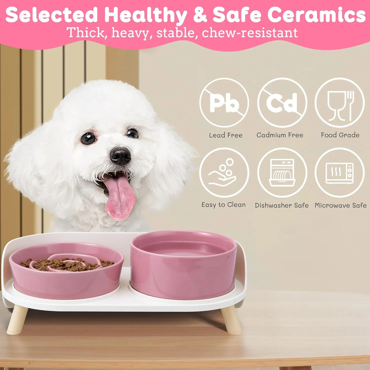 Elevated Slow Feeder Dog Bowls - Ceramic Food and Water Bowl Set with Stand - Raised Pet Dishes for Small and Medium Sized Dogs