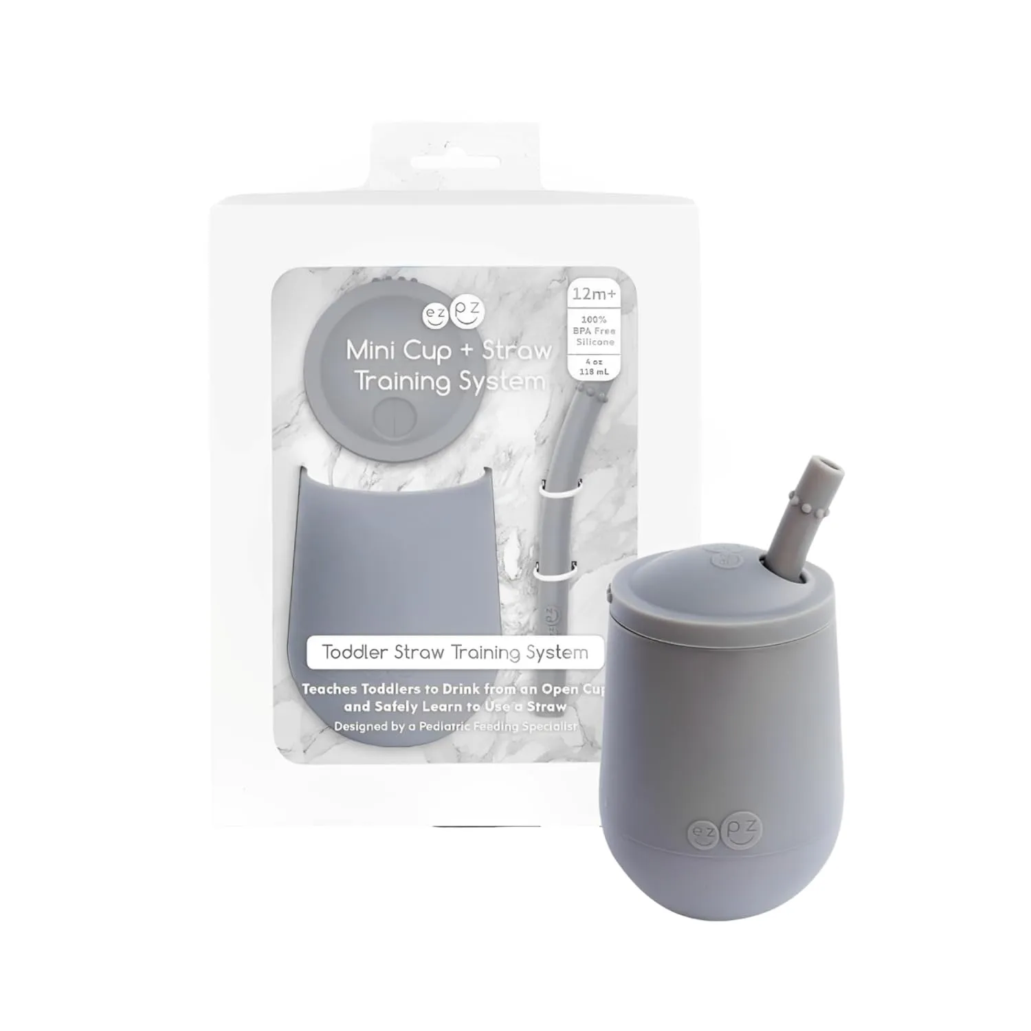 ezpz Mini Cup   Straw Training System - 9 Months  (Gray) - 100% Silicone Training Cup for Infants   Toddlers - Designed by a Pediatric Feeding Specialist