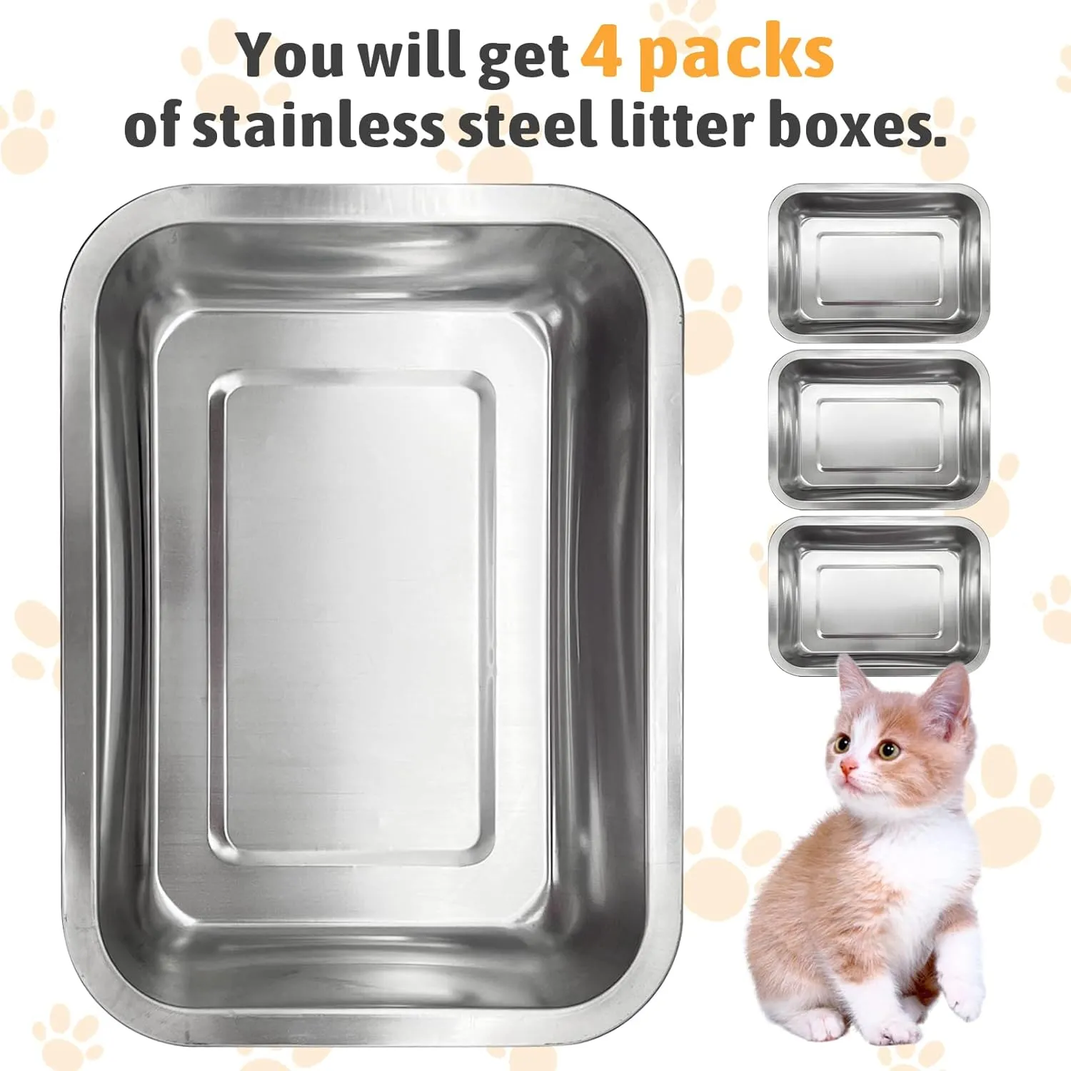 Fhiny 4Pack Stainless Steel Low Entry Litter Box, Small Size Metal Cat Open Pan Potty, Kitten Training Toilet, Odor Control Smooth Surface Easy to Clean for Kittens and Bunnies, Silver