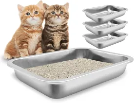 Fhiny 4Pack Stainless Steel Low Entry Litter Box, Small Size Metal Cat Open Pan Potty, Kitten Training Toilet, Odor Control Smooth Surface Easy to Clean for Kittens and Bunnies, Silver