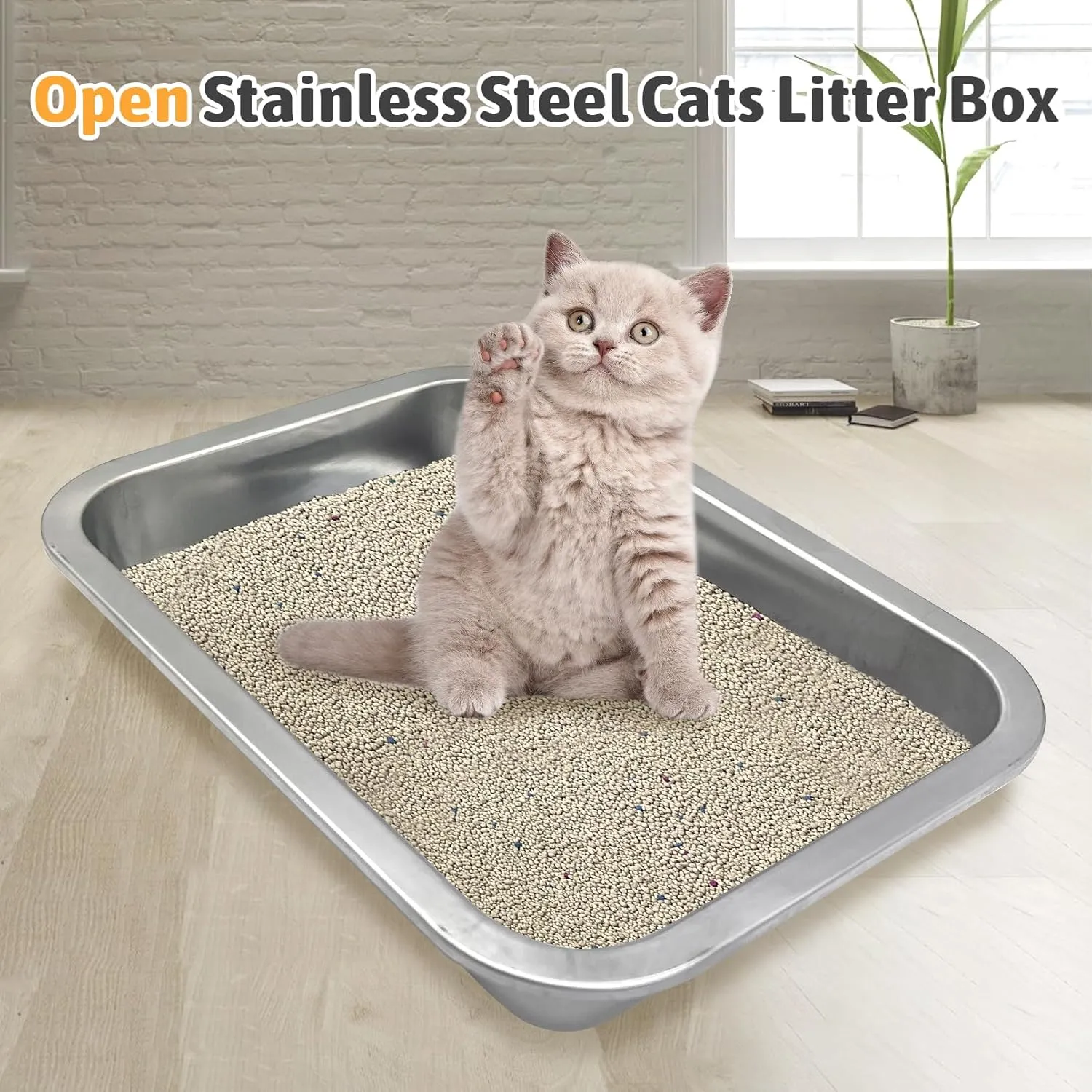 Fhiny 4Pack Stainless Steel Low Entry Litter Box, Small Size Metal Cat Open Pan Potty, Kitten Training Toilet, Odor Control Smooth Surface Easy to Clean for Kittens and Bunnies, Silver