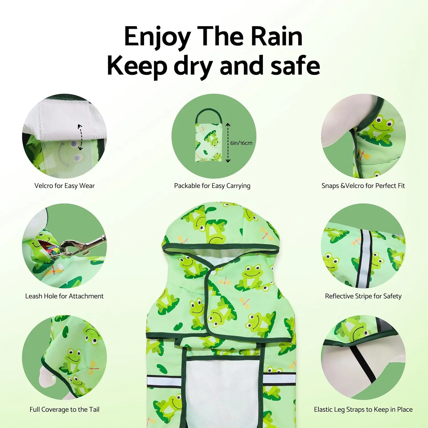 Fitwarm Funny Frog Dog Raincoat with Hood, Waterproof Rain Jacket for Small Dogs Boy Girl, Reflective Pet Poncho with Harness Hole, Packable, Adjustable, Green, Small