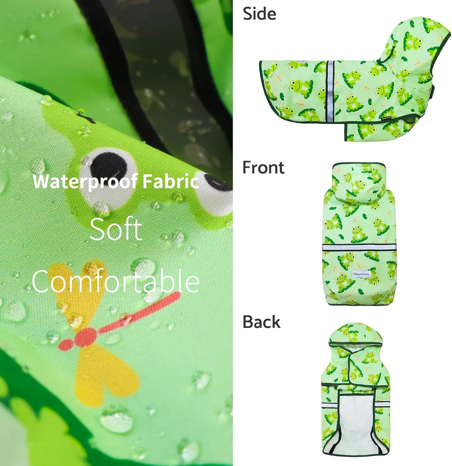Fitwarm Funny Frog Dog Raincoat with Hood, Waterproof Rain Jacket for Small Dogs Boy Girl, Reflective Pet Poncho with Harness Hole, Packable, Adjustable, Green, Small