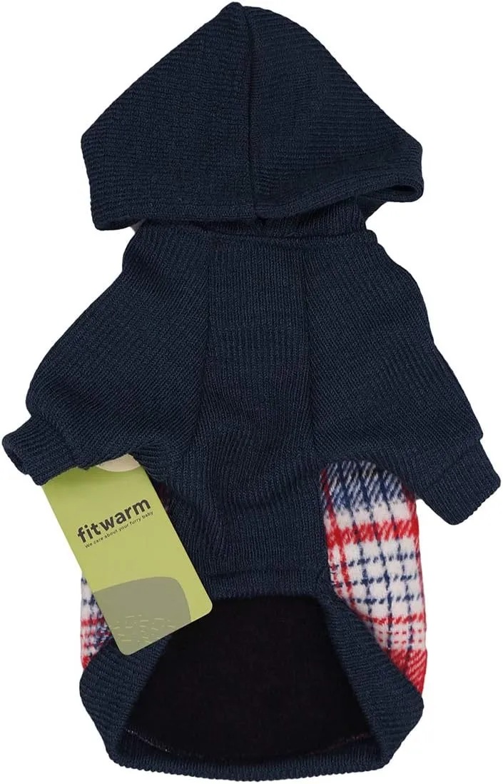 Fitwarm Tartan Plaid Dog Hoodie, Knitted Dog Clothes for Small Dogs Boy, Pet Sweater with Hood, Cat Fleece Lined Winter Outfit, Red, Navy Blue, XXL