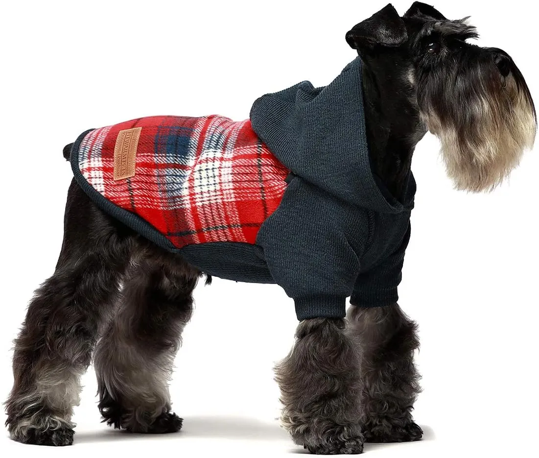 Fitwarm Tartan Plaid Dog Hoodie, Knitted Dog Clothes for Small Dogs Boy, Pet Sweater with Hood, Cat Fleece Lined Winter Outfit, Red, Navy Blue, XXL