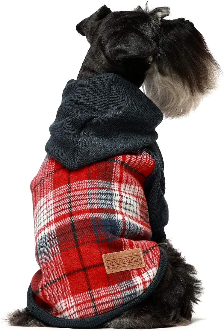 Fitwarm Tartan Plaid Dog Hoodie, Knitted Dog Clothes for Small Dogs Boy, Pet Sweater with Hood, Cat Fleece Lined Winter Outfit, Red, Navy Blue, XXL