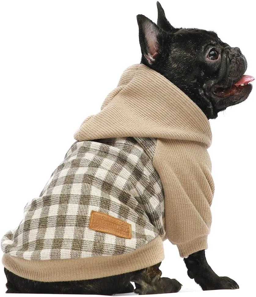 Fitwarm Tartan Plaid Dog Hoodie, Knitted Dog Clothes for Small Dogs Boy, Pet Sweatshirt, Knitted Sweater, Beige, Small