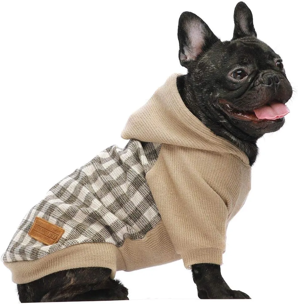 Fitwarm Tartan Plaid Dog Hoodie, Knitted Dog Clothes for Small Dogs Boy, Pet Sweatshirt, Knitted Sweater, Beige, XS