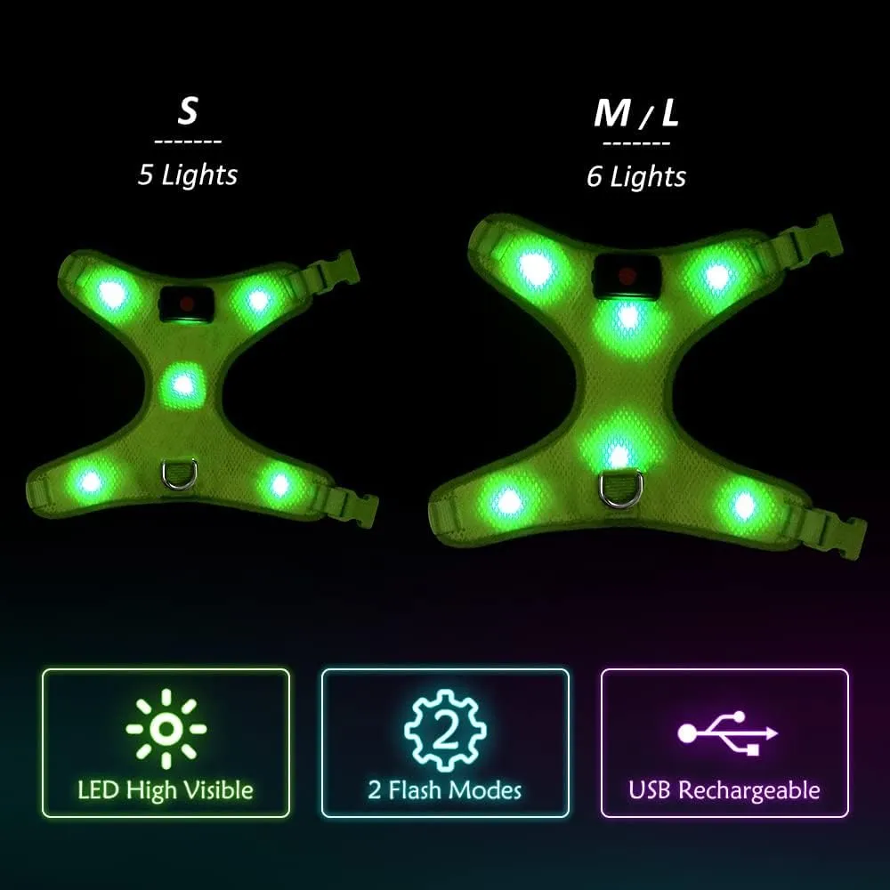 Flashseen LED Dog Harness,Lighted Up USB Rechargeable Pet Harness,Illuminated Reflective Glowing Dog Vest Adjustable Soft Padded No-Pull Suit for Small,Medium,Large Dogs (Green, M)