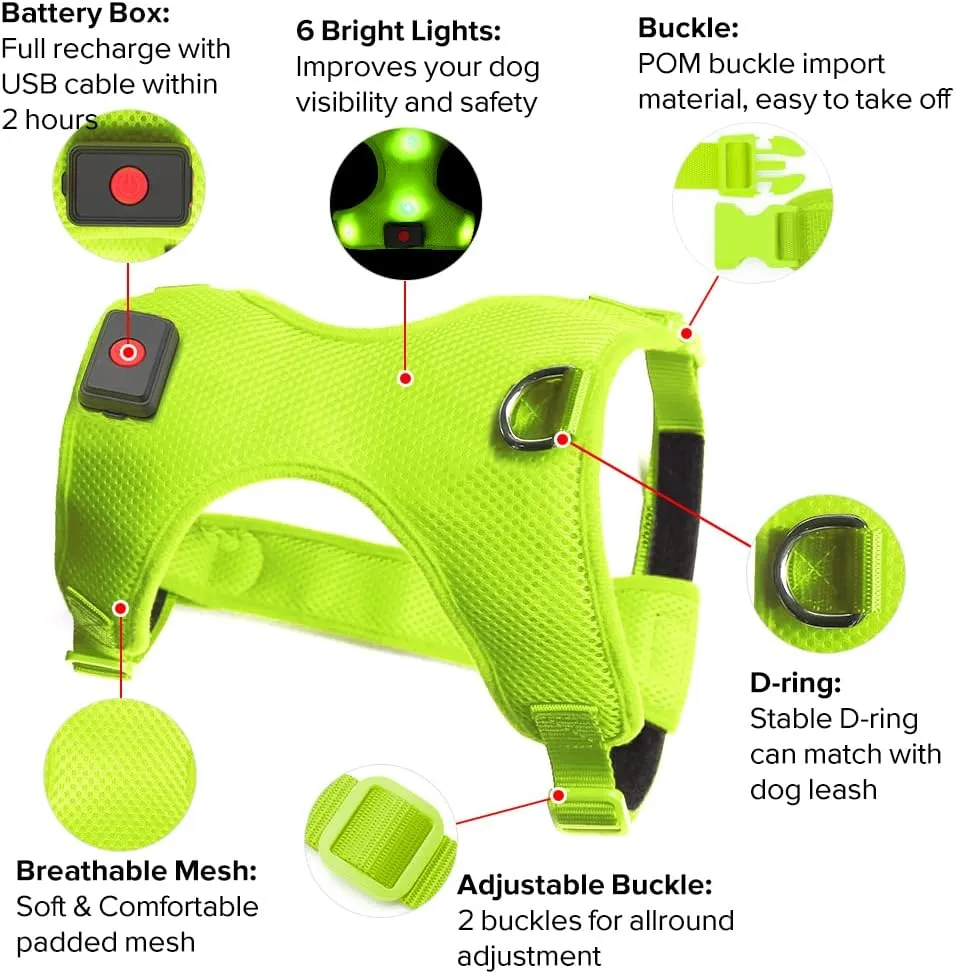 Flashseen LED Dog Harness,Lighted Up USB Rechargeable Pet Harness,Illuminated Reflective Glowing Dog Vest Adjustable Soft Padded No-Pull Suit for Small,Medium,Large Dogs (Green, M)