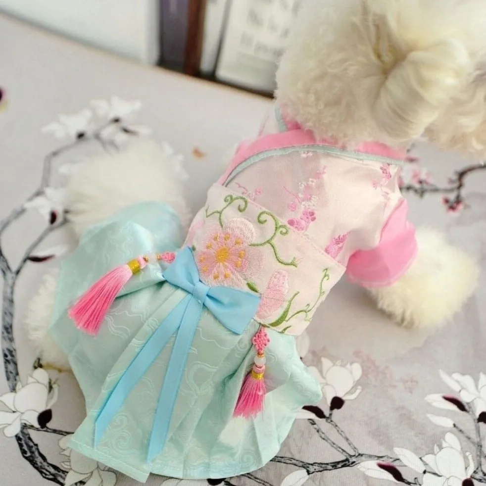 Floral Embroidery Traditional Chinese Hanfu Holiday Dress for Dog Teddy