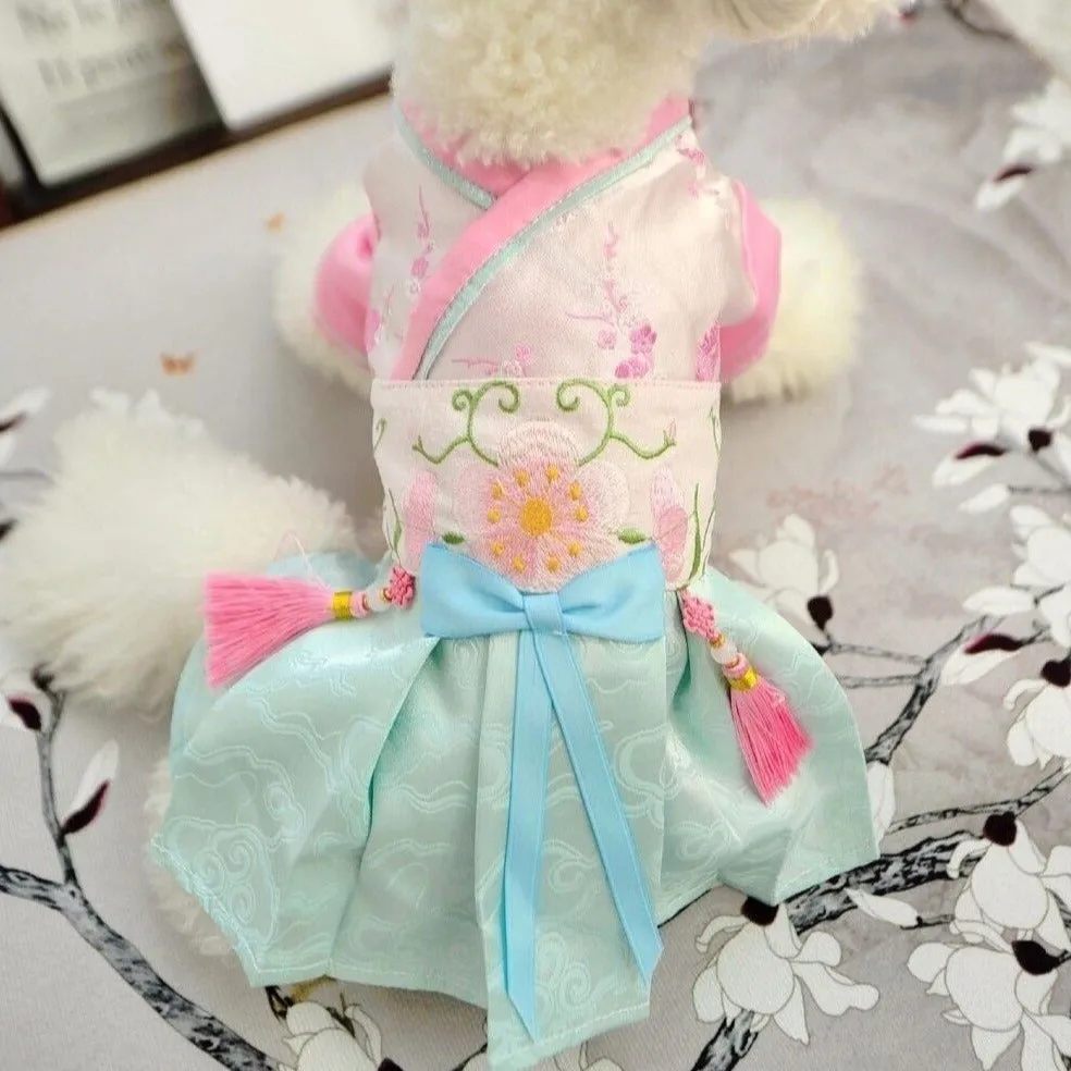 Floral Embroidery Traditional Chinese Hanfu Holiday Dress for Dog Teddy