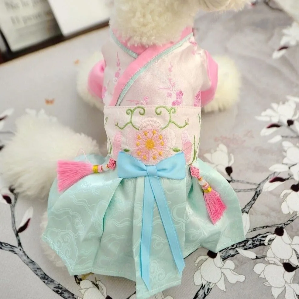 Floral Embroidery Traditional Chinese Hanfu Holiday Dress for Dog Teddy