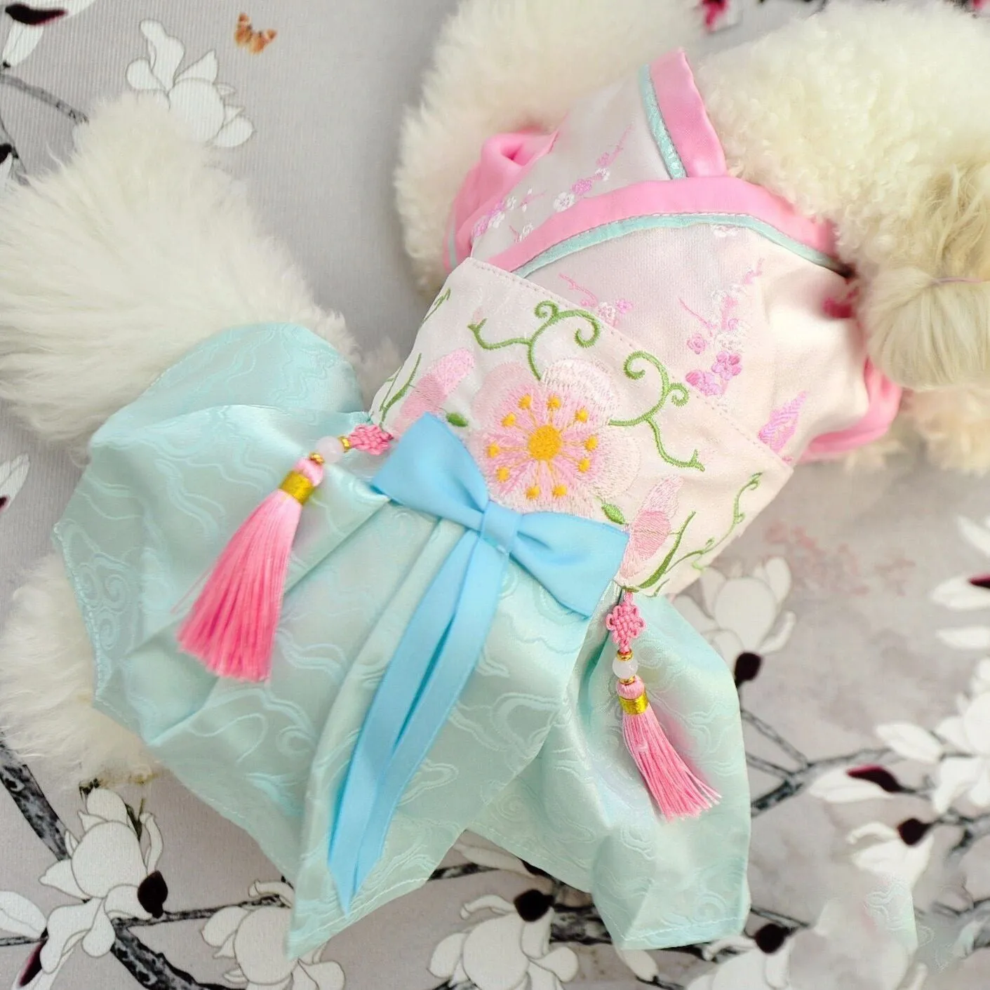 Floral Embroidery Traditional Chinese Hanfu Holiday Dress for Dog Teddy