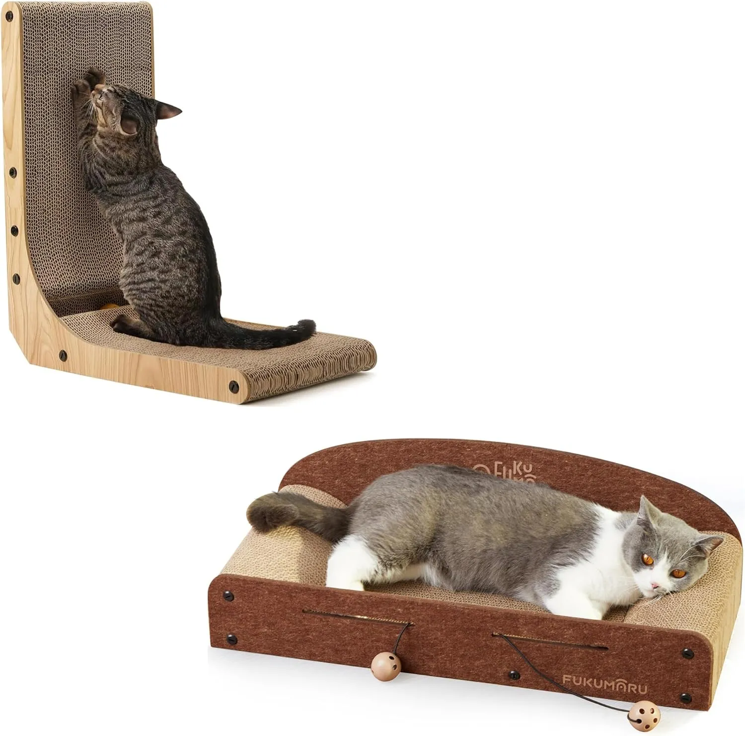 FUKUMARU 18.7 Inch L Shape Cat Scratcher and 26 Inch Cat Scratcher Cardboard Lounge Bed with 2 Reversible Cat Scratching Pads Refill for Indoor Cats