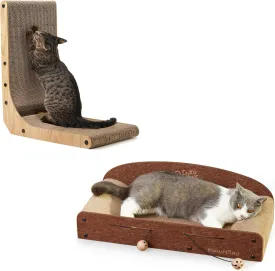 FUKUMARU 18.7 Inch L Shape Cat Scratcher and 26 Inch Cat Scratcher Cardboard Lounge Bed with 2 Reversible Cat Scratching Pads Refill for Indoor Cats